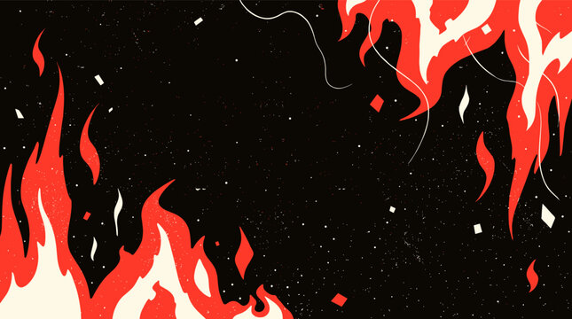 A dramatic abstract illustration of bold red and white flames rising against a dark black starry background creating a powerful fiery concept