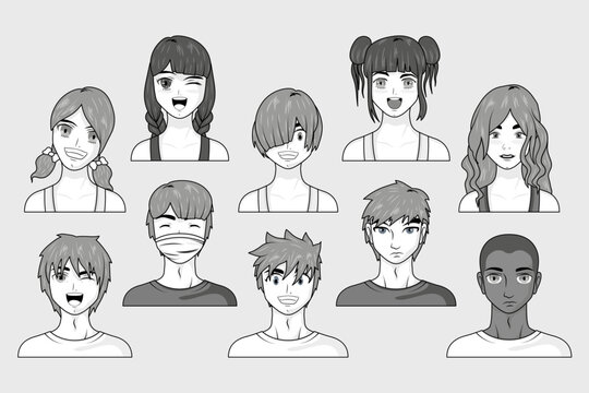 Set of diverse anime characters showing various facial expressions and hairstyles
