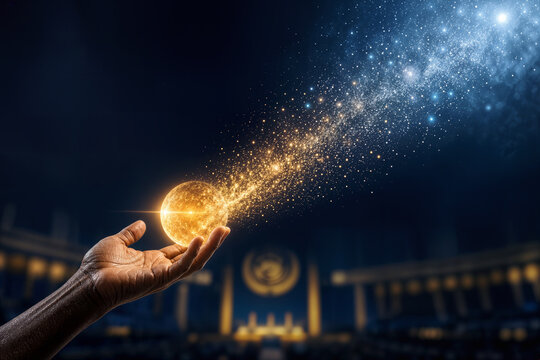 WHO assembly malaria elimination trachoma elimination symbolic golden sphere released from dark skin hand representing disease eradication public health triumph and primary healthcare milestone