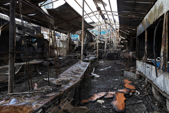 Fire Damaged Market Stalls Following Kyiv Attack