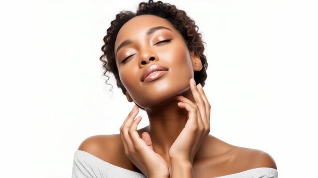 Serene Glow: A woman with a radiant complexion and eyes closed touches her neck gently, exuding a sense of peace and self-care.