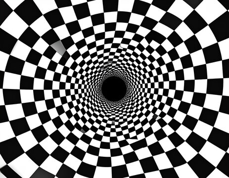 Abstract psychedelic wormhole concept with distorted monochrome stripes leading to center