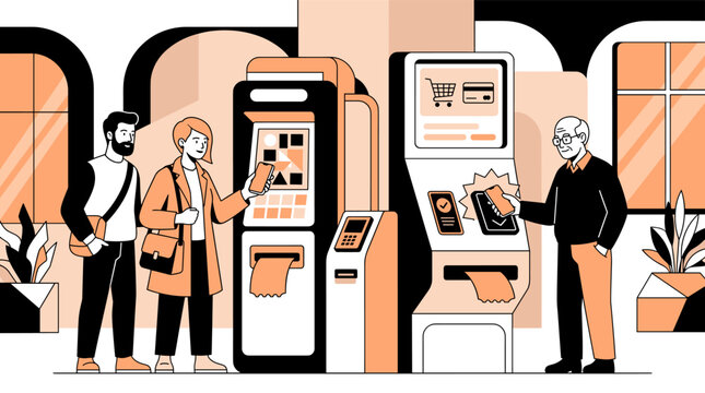 People using self-service kiosks with smartphones to scan QR codes and process payments, printing receipts at modern automated terminals indoors.