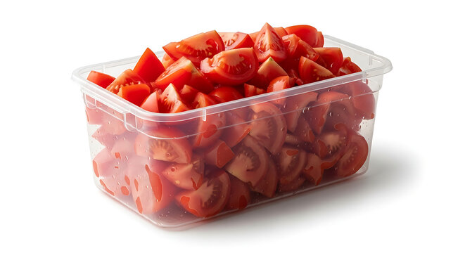 Freshly Diced Red Tomatoes in a Clear Plastic Container, Ready for Cooking, Isolated on White Background
