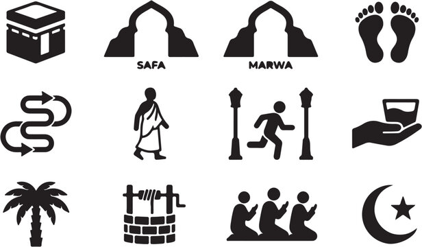 Islamic pilgrimage Hajj icons set.