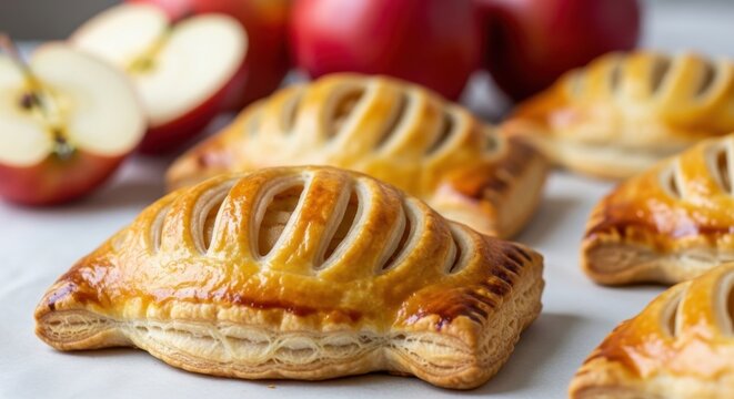 Golden Apple Pastries With Flaky Layers And Lattice Topping, A Delicious Baked Dessert