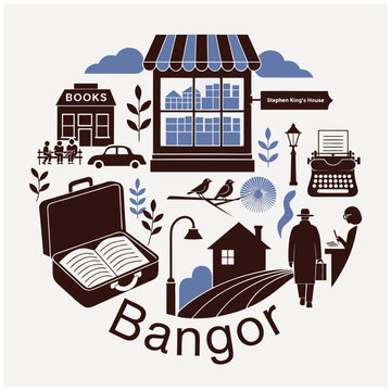 Bangor Maine Literary Vector Illustration, Featuring Stephen King's House Sign, Vintage Bookstore, Typewriter, and Reading Icon Collage