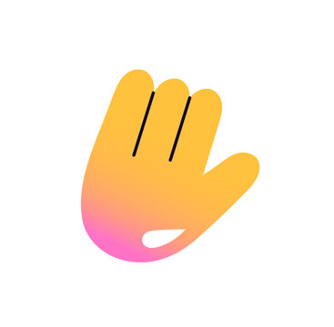 Yellow emoji of waving hand. Greeting icon. Gesture of body language to say Hello, Hi and Goodbye. Sign of welcome. Emoticon of open palm. Flat isolated vector illustration on white background