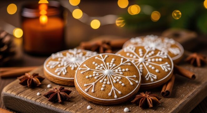 Festive Gingerbread Cookies with Intricate Snowflake Icing Decorations for Holiday Celebrations
