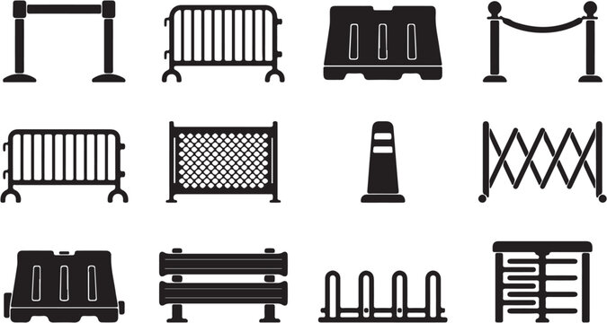 Various types of metal barricades isolated.