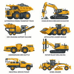 Collection of Yellow Mining and Construction Heavy Machinery Vehicles. © Nelya