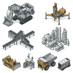Set of isometric industrial machinery and equipment illustrations, including excavator, drill, conveyor, refinery, bulldozer, and dump truck. © Nelya