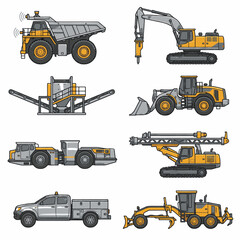 Collection of construction and mining heavy machinery vehicles and equipment. © Nelya