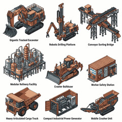Collection of isometric industrial machinery and equipment, including excavators, drills, trucks, and processing units. © Nelya