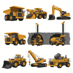 Collection of heavy construction and mining vehicles, including dump trucks, excavators, loaders, and drilling machines. © Nelya