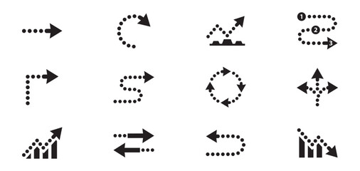 Obraz premium Dotted Arrow and Graph Icon Set. Flowcharts, Paths, Progress Charts and Direction Symbols. Vector illustration.