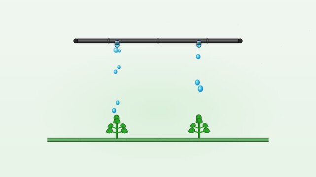 clean 2D vector motion graphics animation showing an automated drip irrigation pipe spraying water droplets onto growing green plants.