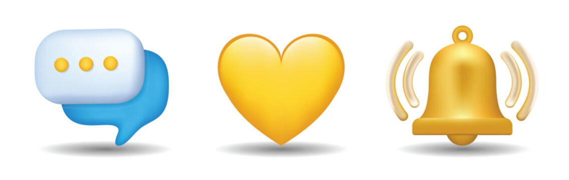 3d social media notification vector icon set with message bubble heart and ringing bell