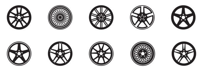 Car alloy wheel rim icon set. Automotive tire, vehicle custom spoke, garage service and transport parts symbols. Vector illustration. © Roberto_Caravelli