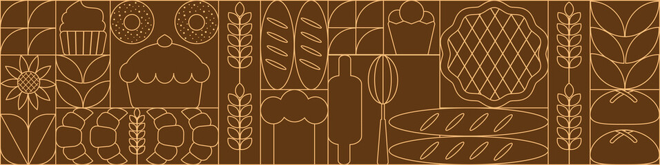 Bread and pastries background. Abstract bakery menu background with line drawing. Geometric pattern bread, croissant, donut. Bakery line pattern. © Oxana
