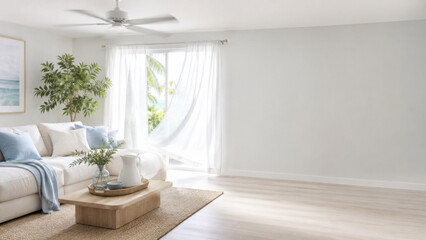 Fototapeta premium Coastal living room with ceiling fan and ocean view for vacation rental listing