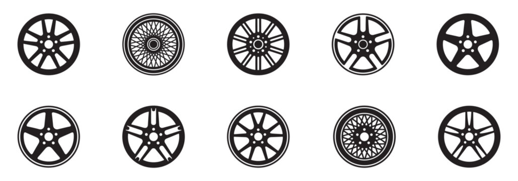 Car alloy wheel rim icon set. Automotive tire, vehicle custom spoke, garage service and transport parts symbols. Vector illustration.
