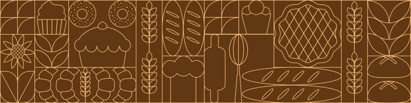 Bread and pastries background. Abstract bakery menu background with line drawing. Geometric pattern bread, croissant, donut. Bakery line pattern.