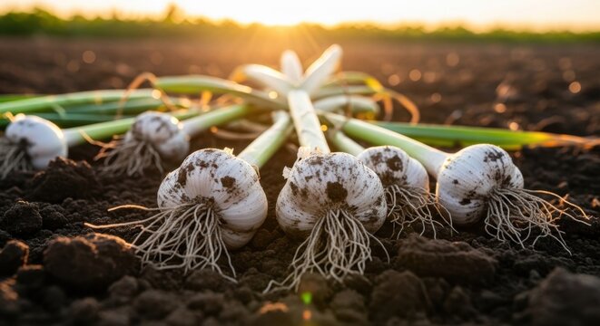 Freshly harvested garlic bulbs with roots resting on dark soil in a field during a golden sunset