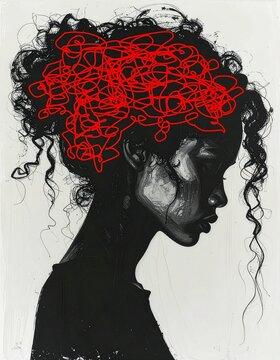 Frustrated Woman Silhouette with Red Scribble Mind &ndash; Concept of Stress, Anxiety and Emotional Turmoil, Black and White Art, bipoc