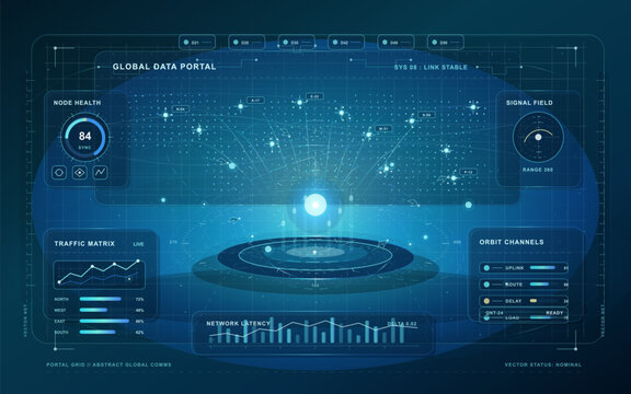 Holographic safety array HUD with biohazard, security, toxic and alert icons, circular scanners, data pods and dark technical grid background