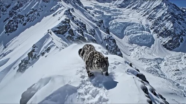 Snow leopard traverses rocky mountain snow