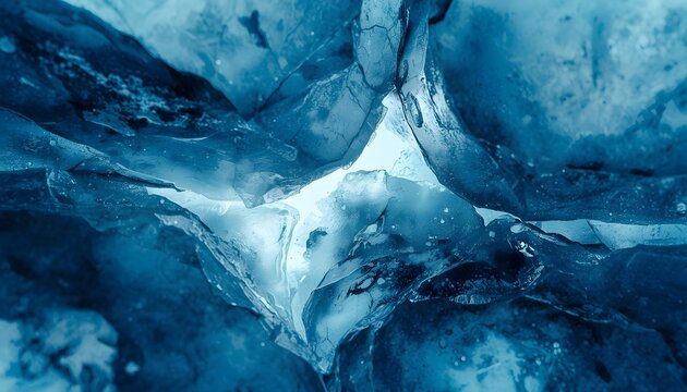 Inside view of frozen blue glacier ice cave with bright light shining through crevice