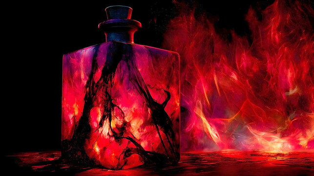 a square glass bottle filled with glowing red liquid and dark, root-like tendrils stands against a fiery background of exploding red flames