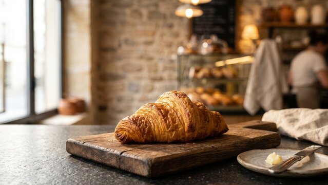 Freshly Baked Golden French Butter Croissant on Rustic Wooden Board with Warm Morning Light