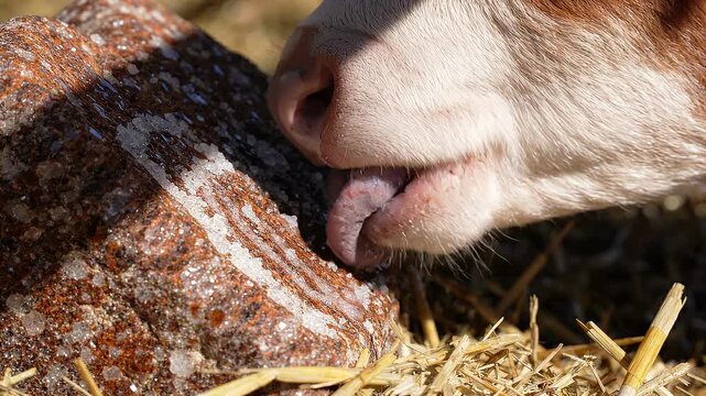Brown and white calf gently licks a mineral block while standing on straw bedding in a sunny barn setting, showcasing its curiosity and interaction with the object
