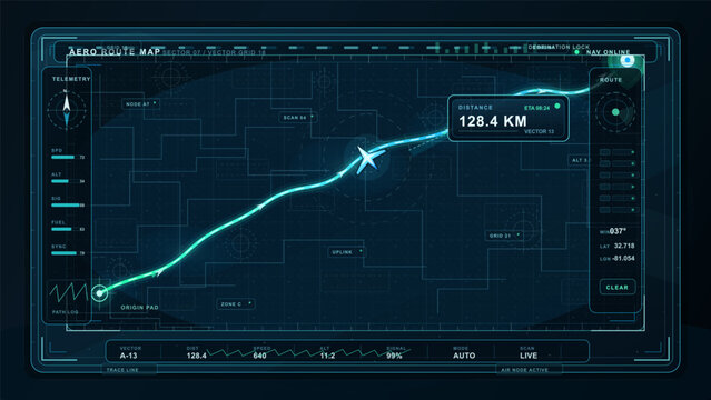 Dark aviation route map HUD interface with glowing flight path, plane icon, distance readout, telemetry bars, navigation panel, and cyan grid.