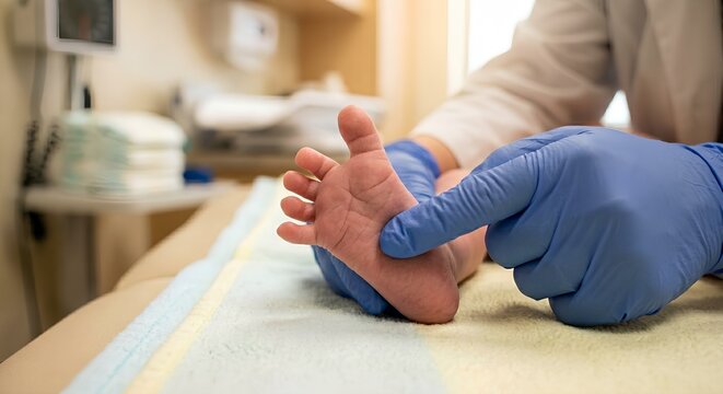 Pediatrician gently stroking newborn baby's foot to test babinski reflex during routine wellness check in bright medical clinic