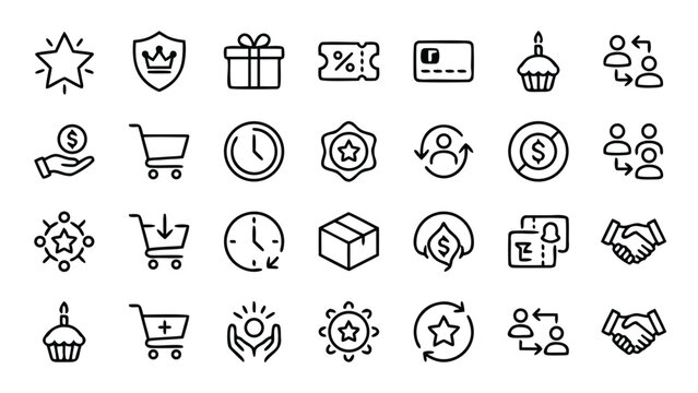 Minimal line icon set for customer loyalty programs including reward points tier badges gift icons discount coupons member cards referral bonuses and marketing symbols for retail business growth.