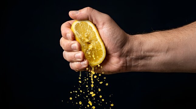 Fresh lemon juice droplets frozen in motion as they fall against a solid black background, showcasing vibrant yellow citrus texture, extreme macro photography, and refreshing liquid splashes.