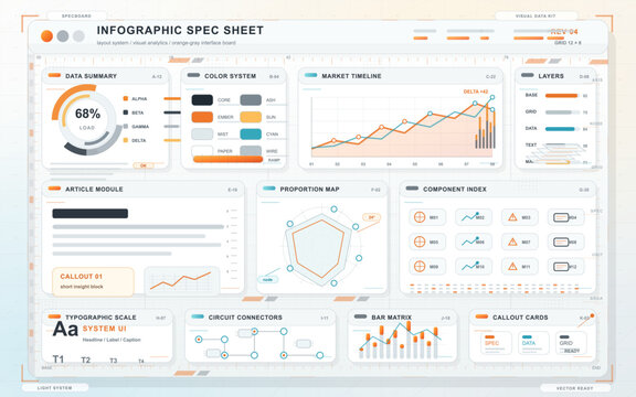 Clean infographic spec sheet with orange-gray data panels, charts, color swatches, timeline graph, component icons, and light grid background