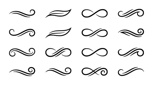 Set of black vector swirl design elements and infinity symbols