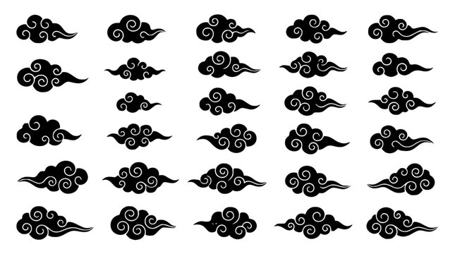 Black and white vector cloud designs with swirling patterns collection