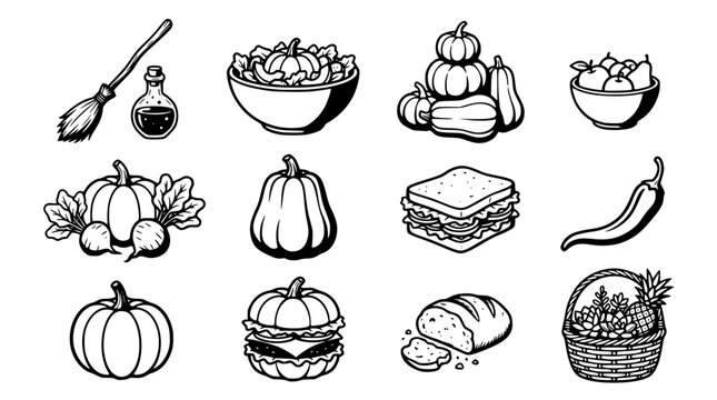 Black and white vector illustration of various fall food items