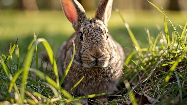 Timid Rabbit Freezing in a Grassy Field