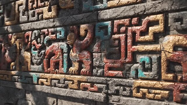 Ancient Aztec Stone Carvings with Colorful Details and Sunlight.