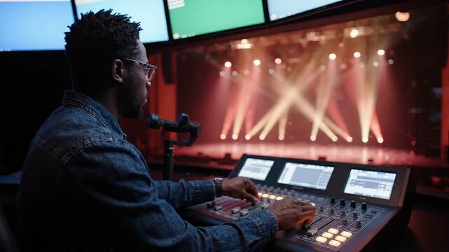 Male lighting technician adjusts stage lighting controls in a performance venue, colorful beams illuminating the stage with a modern sound and lighting console visible
