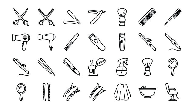 Professional hair salon and barber tool icons in a refined thin line stroke style showcasing essential equipment like scissors clippers and dryers for beauty industry and grooming services.