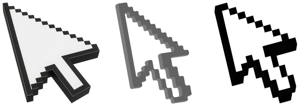 Three pixelated computer mouse cursors in different styles: white with black outline, grey 3D, and black isolated on transparent background