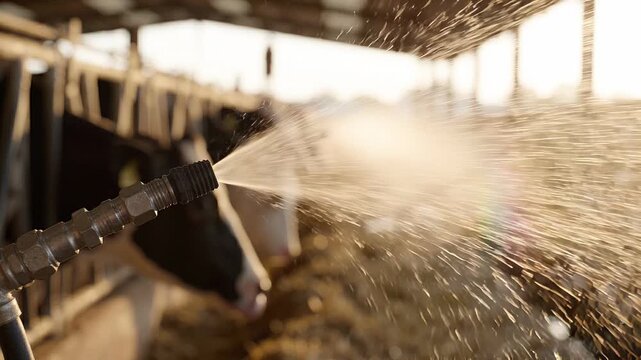 Water spray from a nozzle in a barn setting, with cows in the background, capturing the action of cooling livestock during warm weather in a rural agricultural environment
