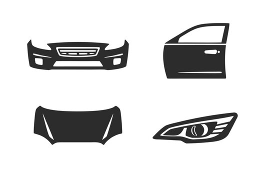 Collection of black car body parts icons including a bumper door hood and headlight presented as a geometric vector set for automotive design repair services and vehicle maintenance concepts.